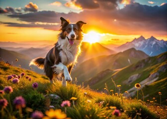 Obraz premium Alpine Border Collie Summer Sunset: Pretty Trick Photo