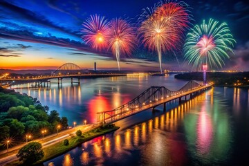 Alton Illinois Fireworks Clark Bridge Mississippi River July 4th Celebration Drone Shot