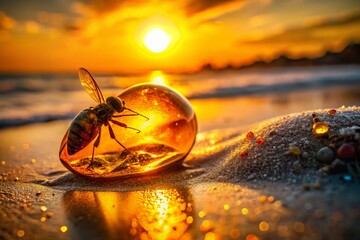 Amber Fossil Insect Sunset Beach Macro Photography Stock Photo