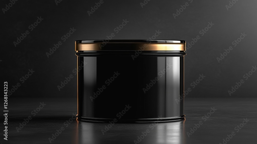 Poster black round container with gold lid on dark background in studio lighting