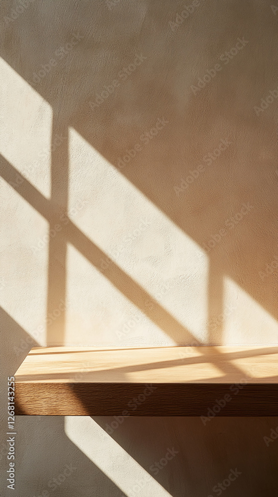 Aufkleber wooden table with diagonal sunlight casting soft, crisp shadows across the surface, creating a peace