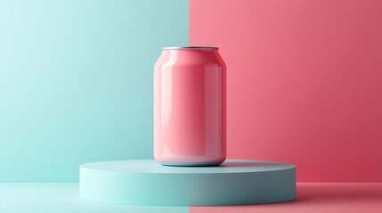 Pink Soda Can on Mint Podium with Pink and Mint Colorblock Background