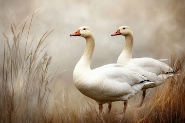 Two Geese in a Misty Meadow
