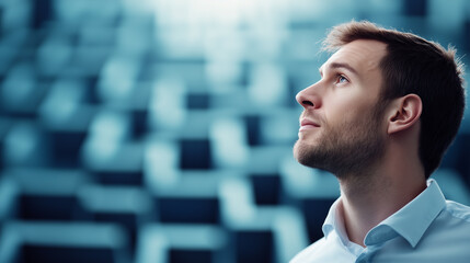 Side Profile of Thoughtful Man Standing Against Maze Background, Concept of Business Challenges, Strategic Thinking, Mental Traps, Personal Development and Decision-Making.