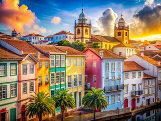 Obraz premium Angra do Heroismo, Azores: Double Exposure of Historic Facades and Charming Streets