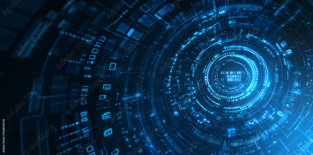 Poster abstract blue digital technology background with futuristic circles and lines for a high-tech banner