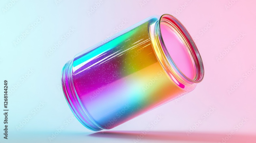 Poster iridescent can holographic design metallic container gradient against pale background