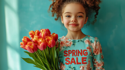 Young Girl in Floral Dress Holding Tulip Bouquet, Standing Against Pastel Mint Wall with "Spring Sale" Embroidered on Her Dress, Soft and Elegant Seasonal Promotion Background with Copy Space.