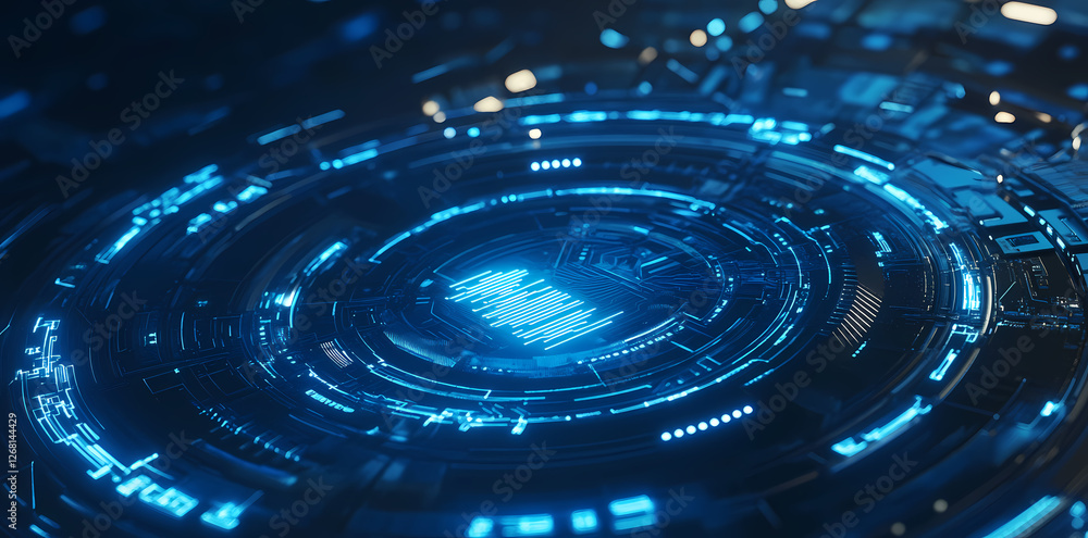 Poster abstract blue digital technology background with futuristic circles and lines for a high-tech banner