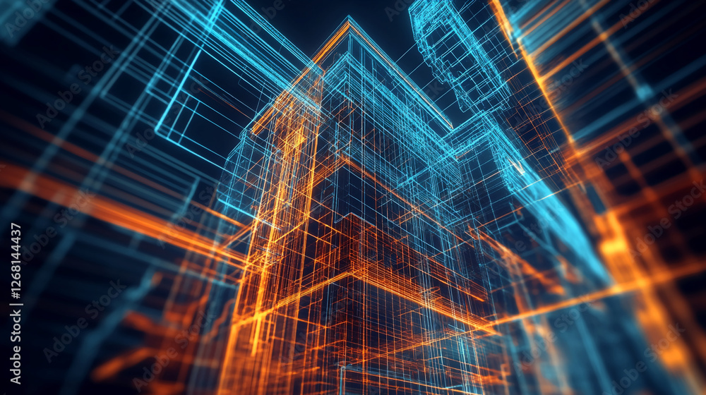 Aufkleber a futuristic digital cityscape with blue and orange glowing lines forming 3d grid structures, symbol