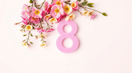 Greeting for International Women's Day on March 8th. Branches of mimosa and number eight