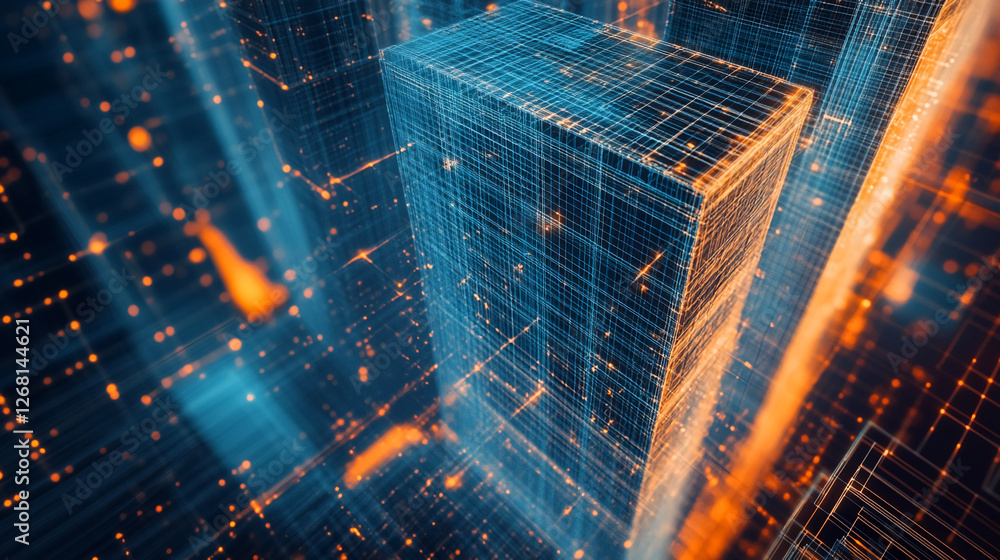Poster a futuristic cityscape with digital grids and neon orange and blue lights showcasing a virtual data 