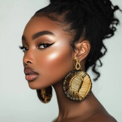 Elegant portrait of woman with large gold earrings and high bun hairstyle