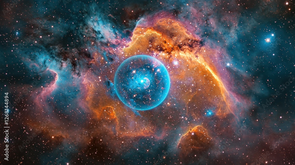Poster cosmic nebula with celestial sphere and starry background