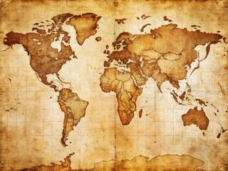 Antique World Map, Vintage Cartography, Aged Paper Texture, Geographic Exploration, Aerial View