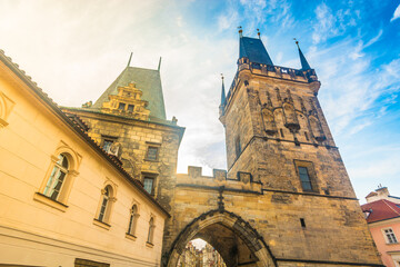 Fototapeta premium A captivating view of Charles Bridge in Prague, Czech Republic, showcasing its intricate stone carvings, towering Gothic arches, and historic statues, reflecting the craftsmanship of this old town