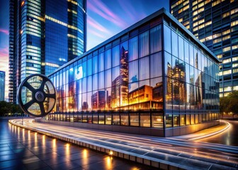 Fototapeta premium Architectural Slideshow: Film Reel Projection on Modern Building Facade