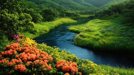 Naklejka premium A serene view of a lush landscape with vibrant flowers and a flowing river.