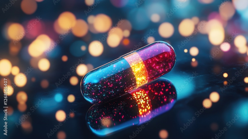 Poster a vibrant capsule resting on a glossy surface, surrounded by colorful bokeh lights.