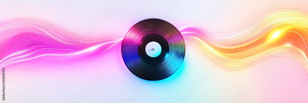 Poster colorful vinyl record with sound waves emanating from its center creates a vibrant atmosphere of mus
