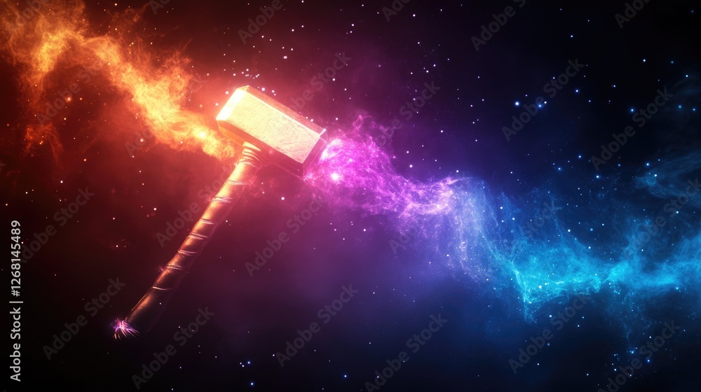 Poster a vibrant cosmic scene featuring a hammer creating color trails in the universe.