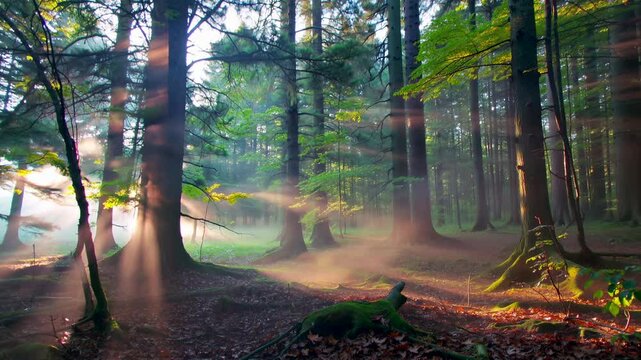 A subtle mist rolling through a dense forest at dawn, with rays of sunlight piercing through the trees