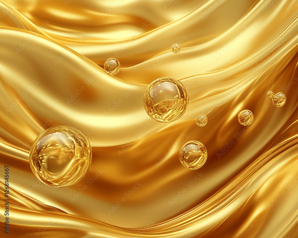 Poster Golden fluid with floating bubbles in motion, showcasing smooth texture and elegance. Represents purity, beauty, and luxury, with a focus on golden tones and fluid movement.
