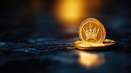 Close-up of shiny gold coins with a crown design on a dark surface.