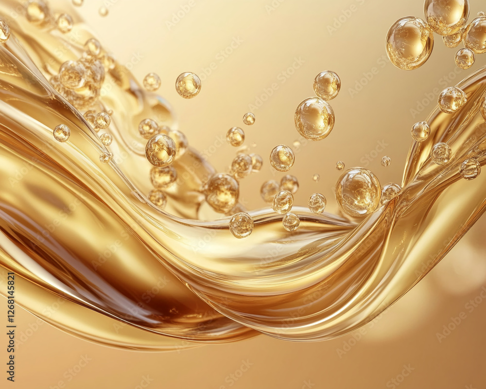 Poster golden fluid with floating bubbles, creating a smooth and elegant motion, symbolizing luxury, purity