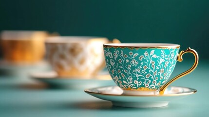 Fototapeta premium Elegant teacups arranged artfully against a teal background, showcasing intricate designs.