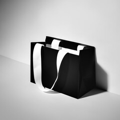 A stylish black paper shopping bag with elegant white ribbon handles, perfect for luxury packaging and branding