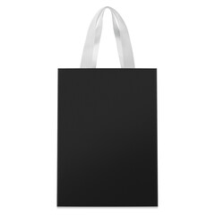 A stylish black paper shopping bag with elegant white ribbon handles, perfect for luxury packaging and branding