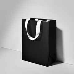 A stylish black paper shopping bag with elegant white ribbon handles, perfect for luxury packaging...