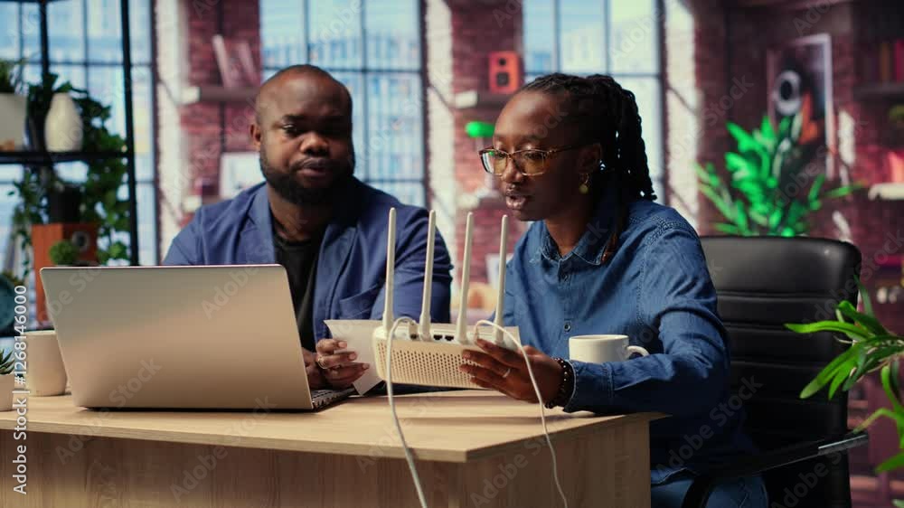 Poster african american couple at home office troubleshooting their wi fi modem and discussing solutions to