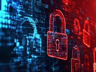 A digital background with padlocks and numbers, a red lock in the middle of blue ones on a digital screen, representing a security concept