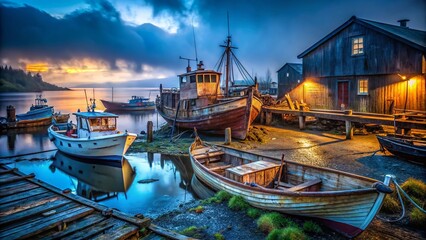 Atmospheric Low Light Old Boatyard Stock Photo - Weathered Boats and Rustic Charm