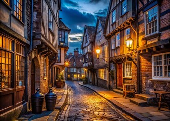 Obraz premium Atmospheric Night Scene: Old English Street, Cobblestone Lane, Historic Architecture, Dark Alleyway, Vintage Cityscape