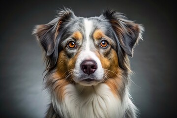 Fototapeta premium Australian Shepherd Studio Portrait: Grey Background, Rule of Thirds Composition