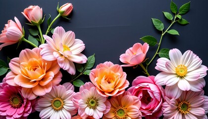 Elegant Floral Border with Pink and White Flowers on Dark Background