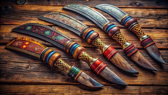 Authentic Nepali Khukuri Knives with Wooden Scabbards for Sale -  Handcrafted Blades Displayed in a Row