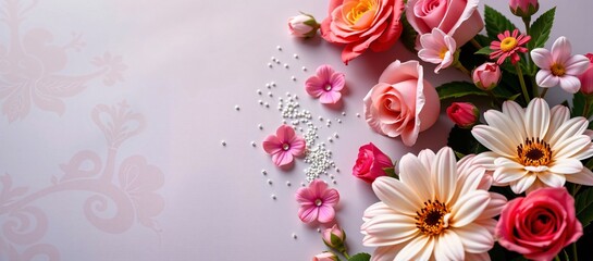 Romantic Floral Arrangement with Pink Roses and White Daisies on Light Background with Scattered Petals and Pearls
