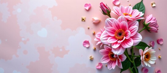 Fototapeta premium Elegant Pink Dahlia Arrangement with Scattered Petals on Light Pink Background