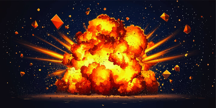 Vibrant Vector Art Explosion with Dynamic Orange and Yellow Fireball and Radiating Sparks on Dark Background - Perfect for Action-Packed Graphic Design Resources