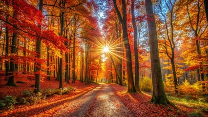 Fototapeta premium Autumn Sunbeams in Forest - Golden Hour Fall Woods Photography