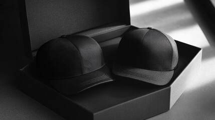 Two Black Striped Hats Presented in a Matching Box in Dim Studio Lighting
