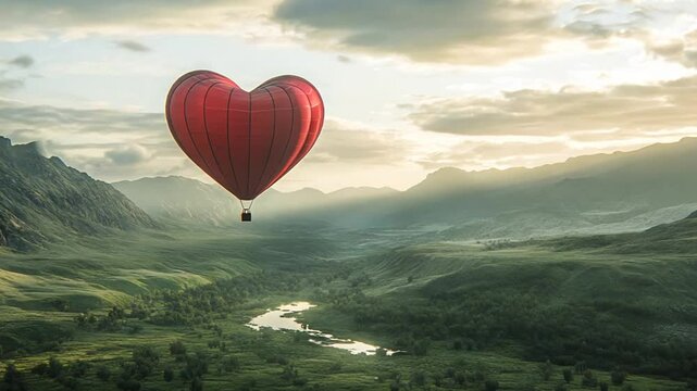 Heart Shaped Hot Air Balloon Floating Over Serene Landscape