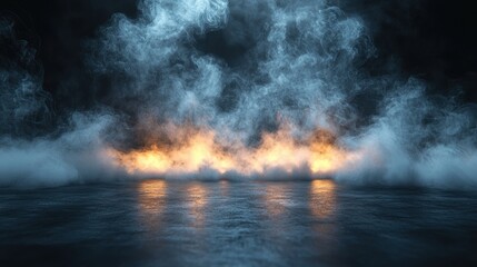 Fototapeta premium A dramatic scene featuring smoke and fire reflections on a dark surface.