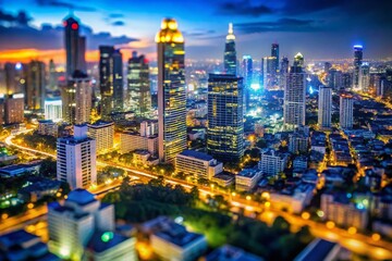 Naklejka premium Bangkok Night Skyline Aerial View - Tilt-Shift Miniature Cityscape