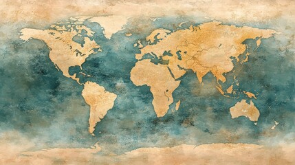 Watercolor world map, pastel tones, soft artistic brush strokes