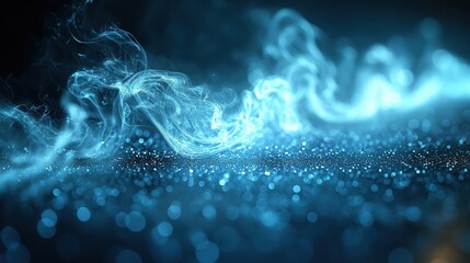 Ethereal blue smoke and sparkling particles create a mystical atmosphere.